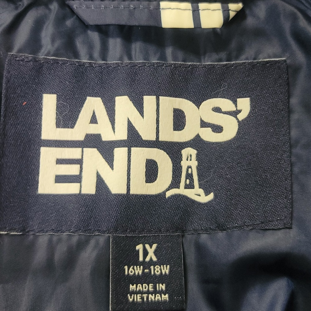 Lands End Womens Down Puffer Vest Size 1X Striped Blue Full Zip Outdoor Nautical - Picture 3 of 9